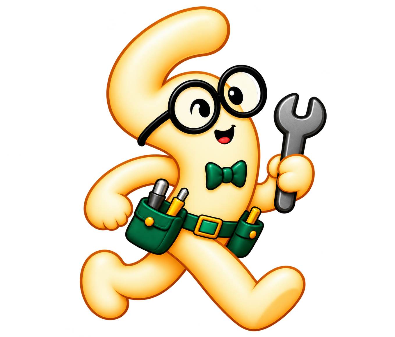 Gizmo, the Gizmo Noodle mascot, walking with a wrench