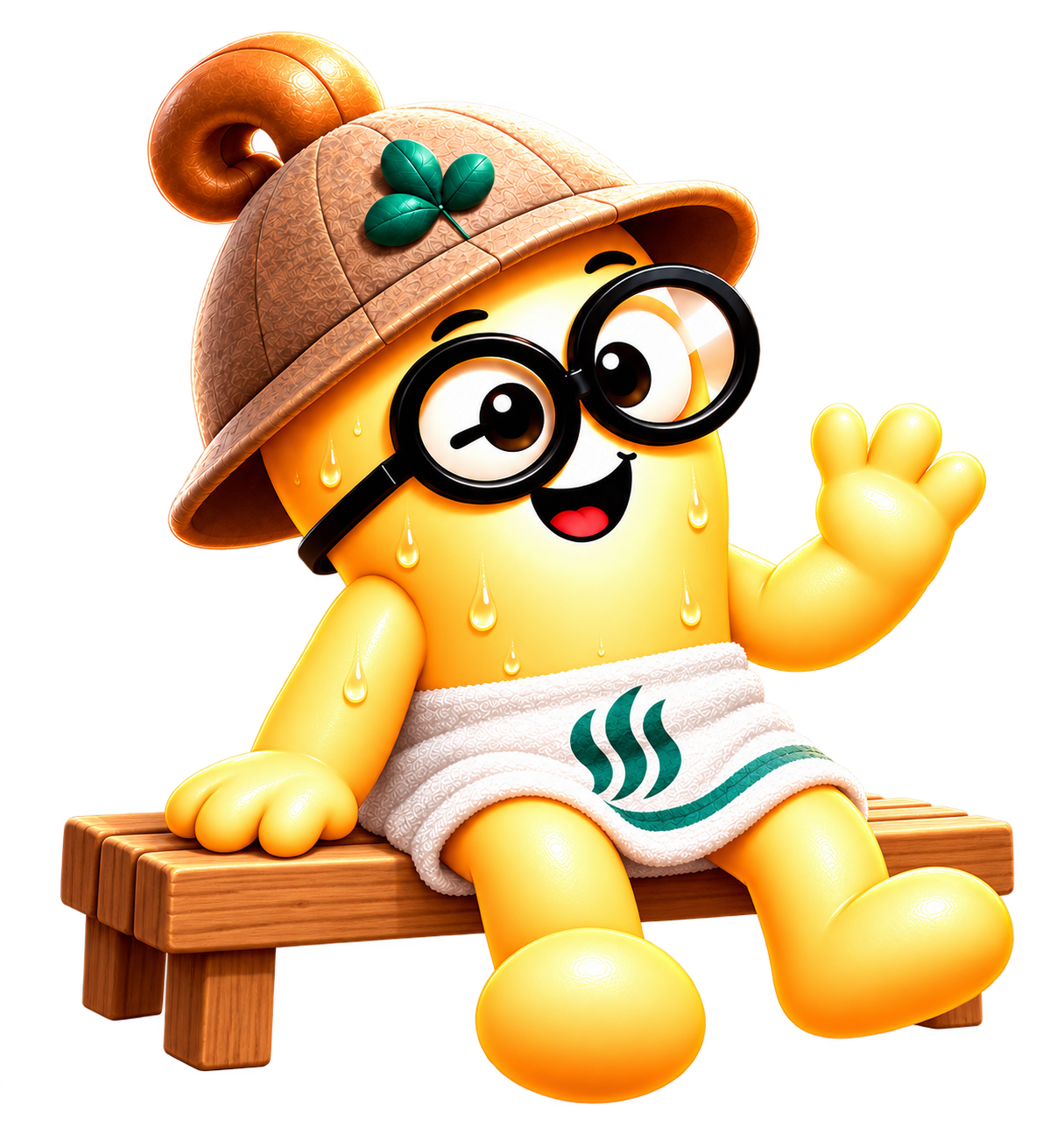 Approved Sauna Pal character relaxing on a wooden sauna bench